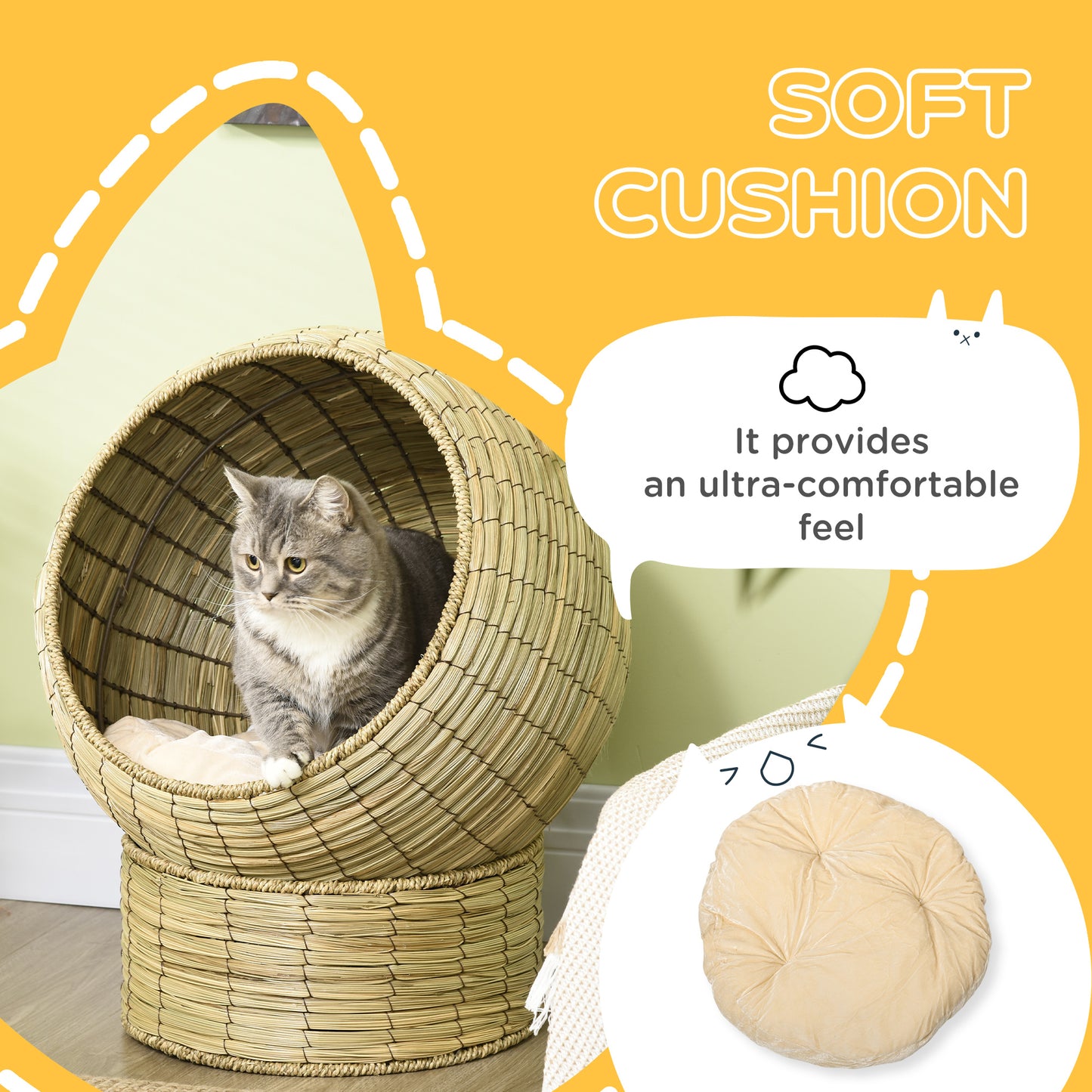 Elevated Cat Bed W/ Cat Egg Chair Shape, Raised Wicker Cat Bed